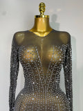 Women Sexy Long Sleeve Mesh See Through Dress Elegant Evening Party Luxury Birthday Club Rhinestone Performance Costume