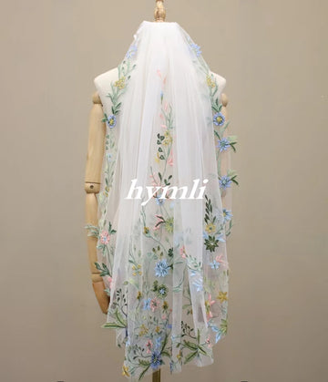 1 Tier Embroidered Floral Leaf Lace Wedding Veil Fingertip Length Wildflower Veil with Metal Comp 100cm