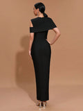 Elegant Women Light Luxury Hot Diamond Flower Design Bandage Dress O-Neck Shoulder Bodycon Long Dress Evening Party Vestido