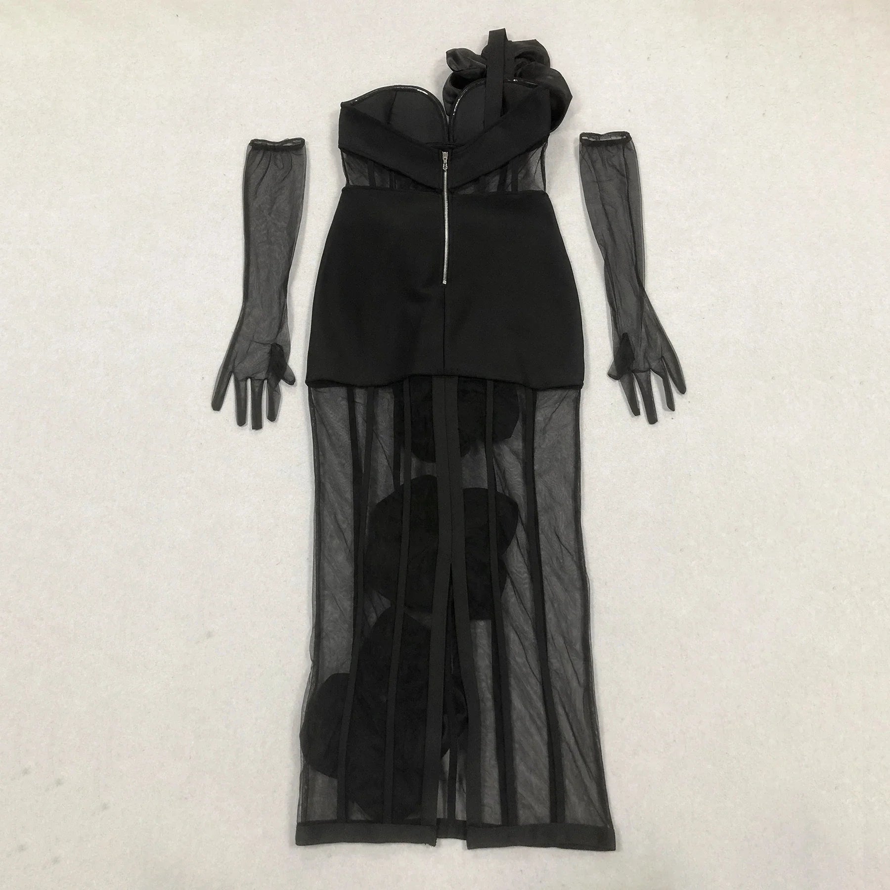 Top Quality Women Sleeveless Sexy One Shoulder Floral Mesh See Through Bodycon Bandage Long Dress Celebrate Nightclub Party Wear