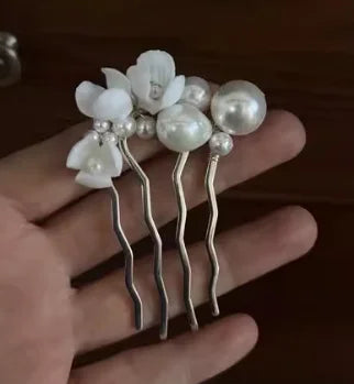 Bridal Jewelry Porcelain Flower Hair Comb Pin Pearl Hairpin For Brides Bridesmaids Silver Color Head Pieces Wedding Accessories a