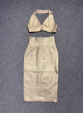 Gold Red Foil Color Women Sexy Halter V-Neck Bodycon Tops Bandage Pencil Skirts Set Nightclub Party Celebrate Women's Set Gold
