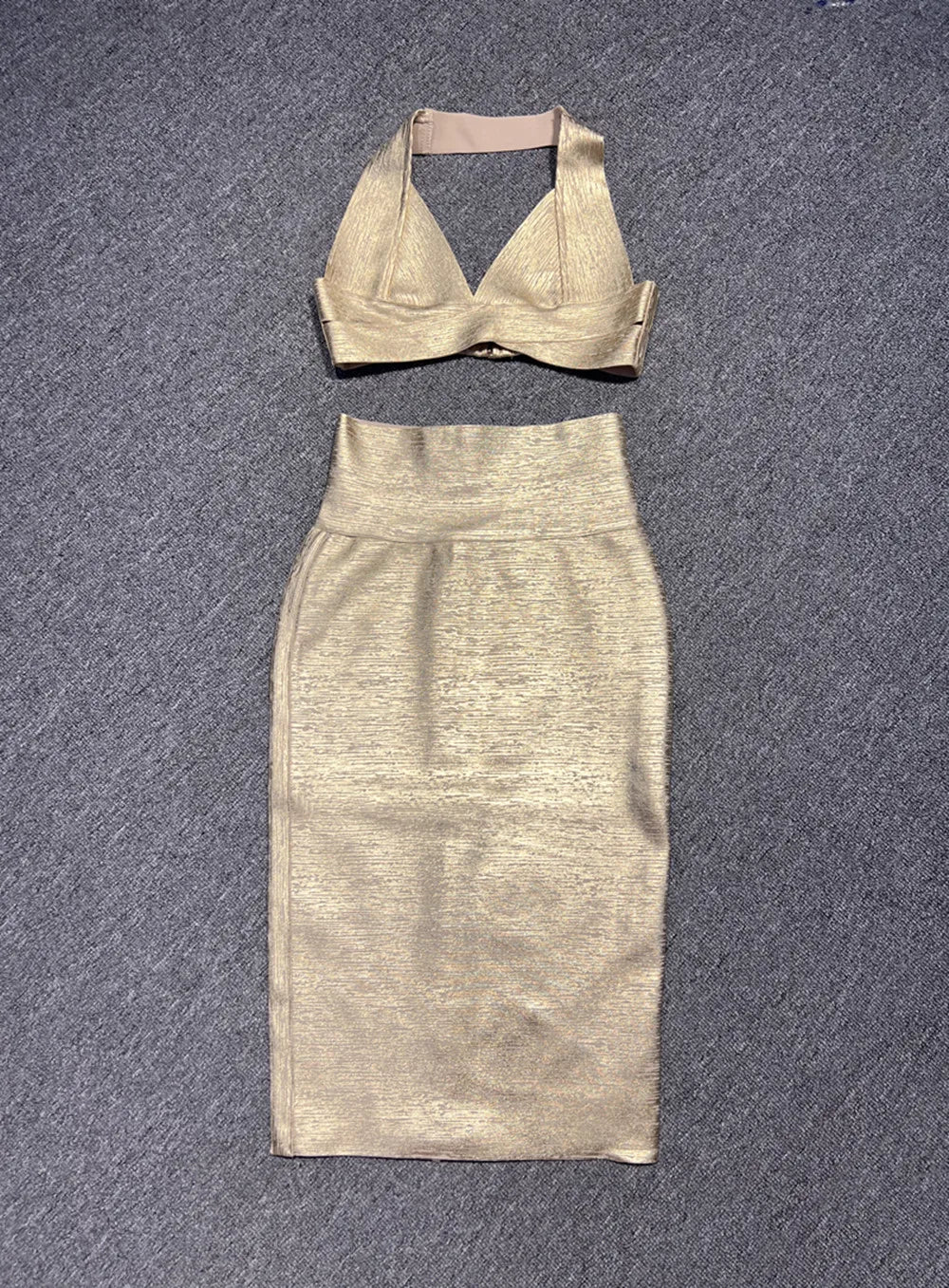 Gold Red Foil Color Women Sexy Halter V-Neck Bodycon Tops Bandage Pencil Skirts Set Nightclub Party Celebrate Women's Set Gold