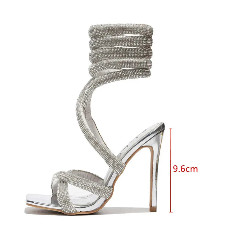 Luxury Rhinestones Women Sandals Sexy Ankle Strap Cross-tied Thin High Heeled Gladiator Sandals Fashion Summer Party Prom Shoes Silver