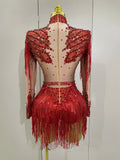 Sparkly Rhinestone Sequin Tassel Stretch Bodysuits Women Birthday Party Nightclub Dj Stage Performance Costume