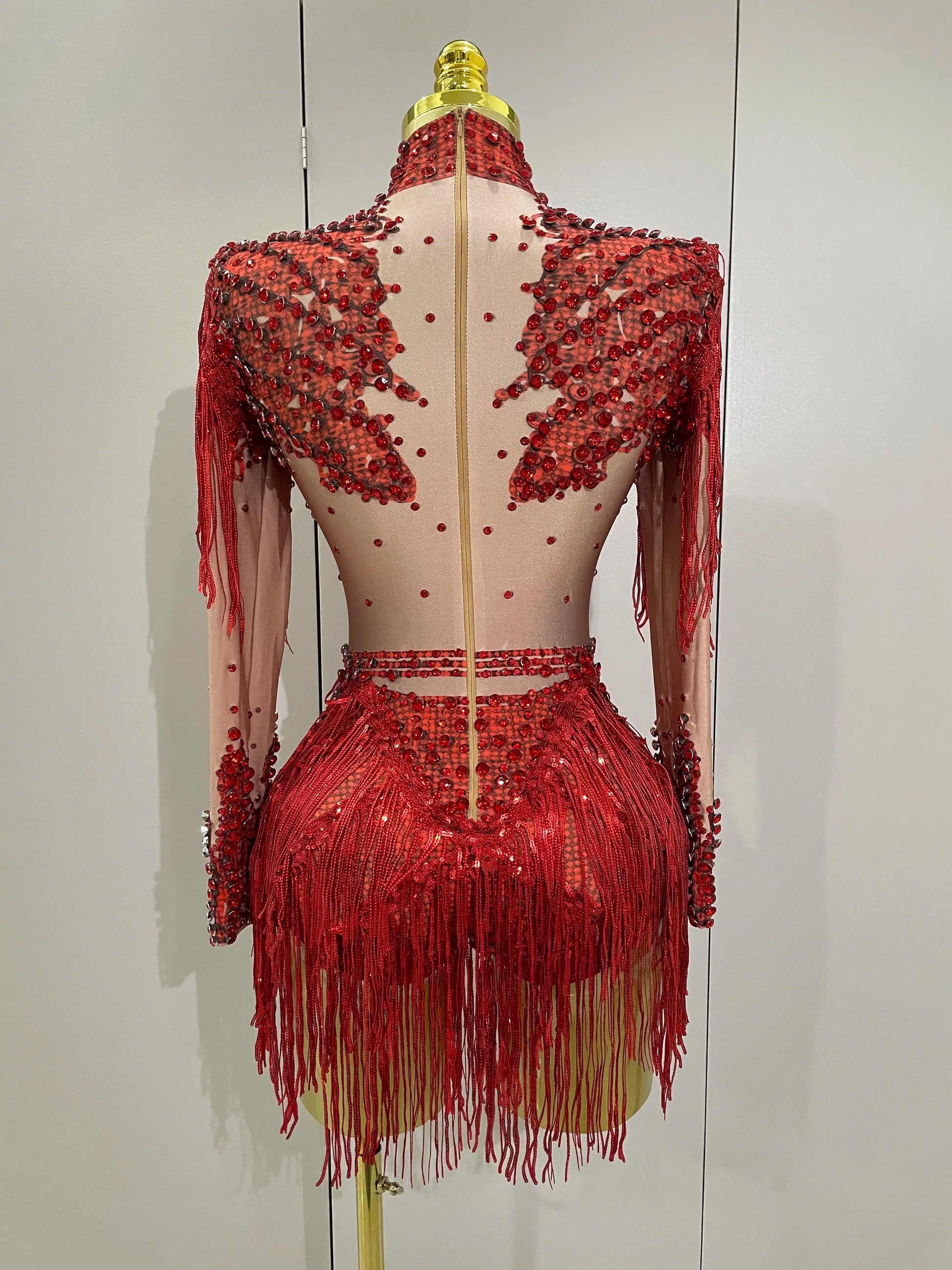 Sparkly Rhinestone Sequin Tassel Stretch Bodysuits Women Birthday Party Nightclub Dj Stage Performance Costume