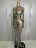 Sparkly Diamond High Neck Sexy Mesh Wrap Hip Long Dress Host Annual Meeting Party Nightclub Bar Performance Costume