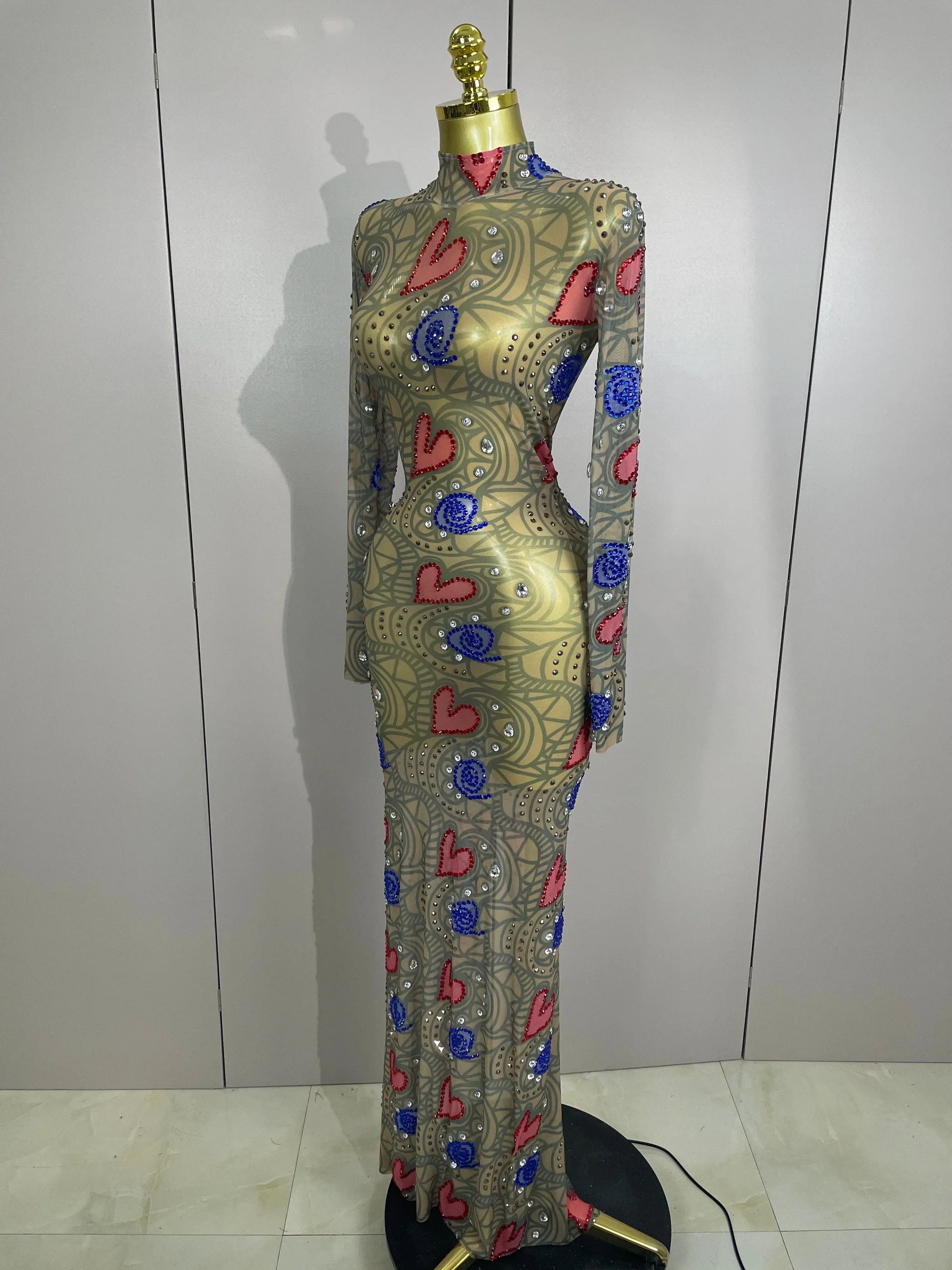 Sparkly Diamond High Neck Sexy Mesh Wrap Hip Long Dress Host Annual Meeting Party Nightclub Bar Performance Costume