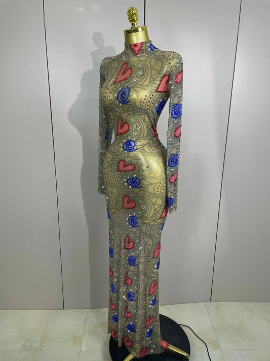 Sparkly Diamond High Neck Sexy Mesh Wrap Hip Long Dress Host Annual Meeting Party Nightclub Bar Performance Costume