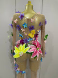Sparkly Rhinestones 3D Flower Nude Mesh Transparent Jumpsut Women Evening Party Birthday Nightclub Performance Stage Costume