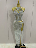 Sexy Luxury Shiny Diamond Sequins Cocktail Dress 2Pcs Set Women Evening Celebrate Birthday Party Nightclub Stage costume Silver