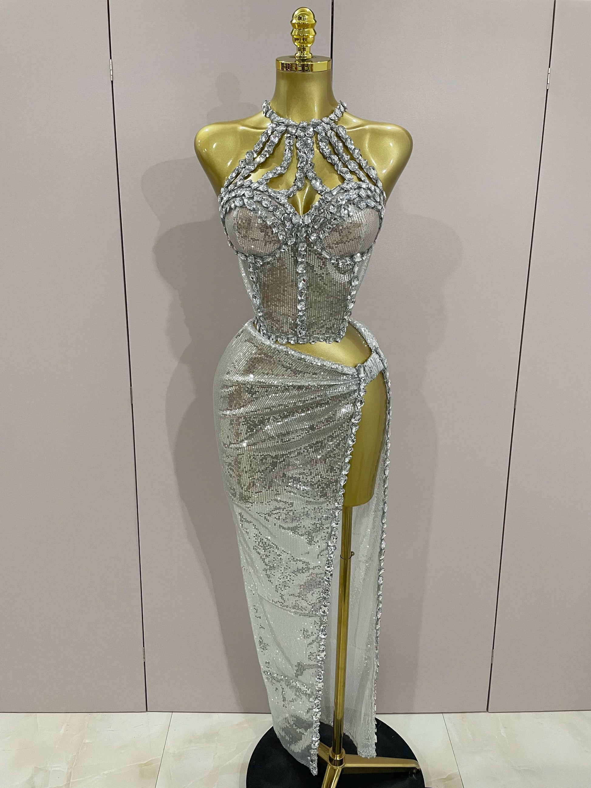 Sexy Luxury Shiny Diamond Sequins Cocktail Dress 2Pcs Set Women Evening Celebrate Birthday Party Nightclub Stage costume Silver