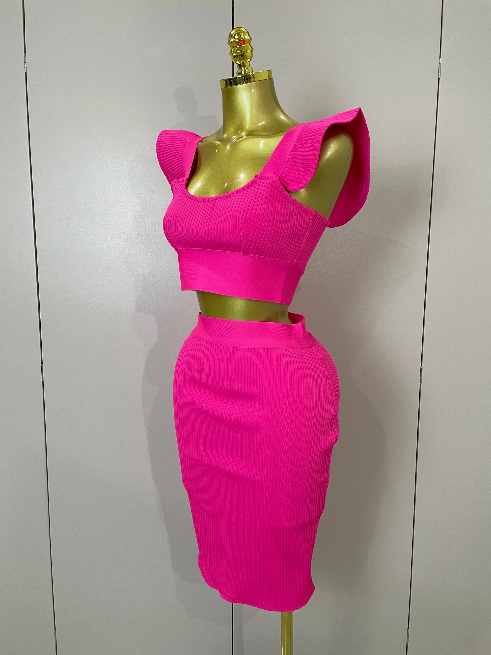 Women Sexy Backless Ruffles Red Bandage Two Pices Set Celebrity Evening Elegance Birthday Party Dress