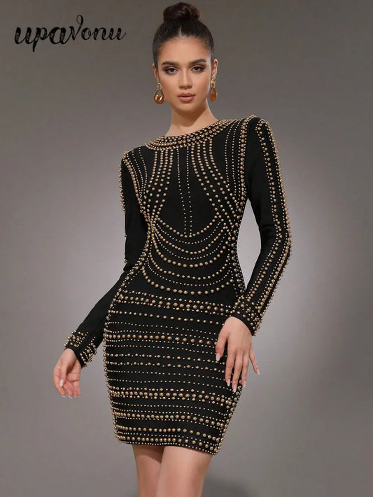 Elegant Women's Light Luxury Rivet Design Bandage Dress O-neck Long Sleeve Bodycon Black Mini Dress Evening Party Vestidos