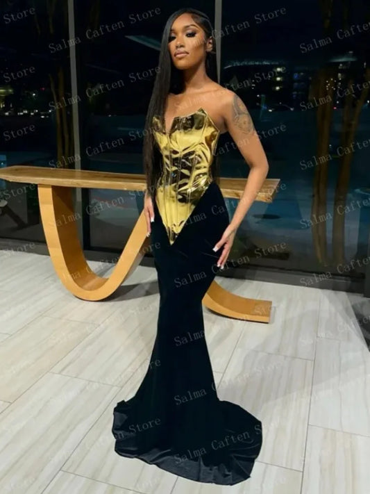 Women Sexy Gold Laced-up Tops Long Maxi Skirt Set Celebrate Evening Party Nightclub Fashion Cocktail Outfit Dress black