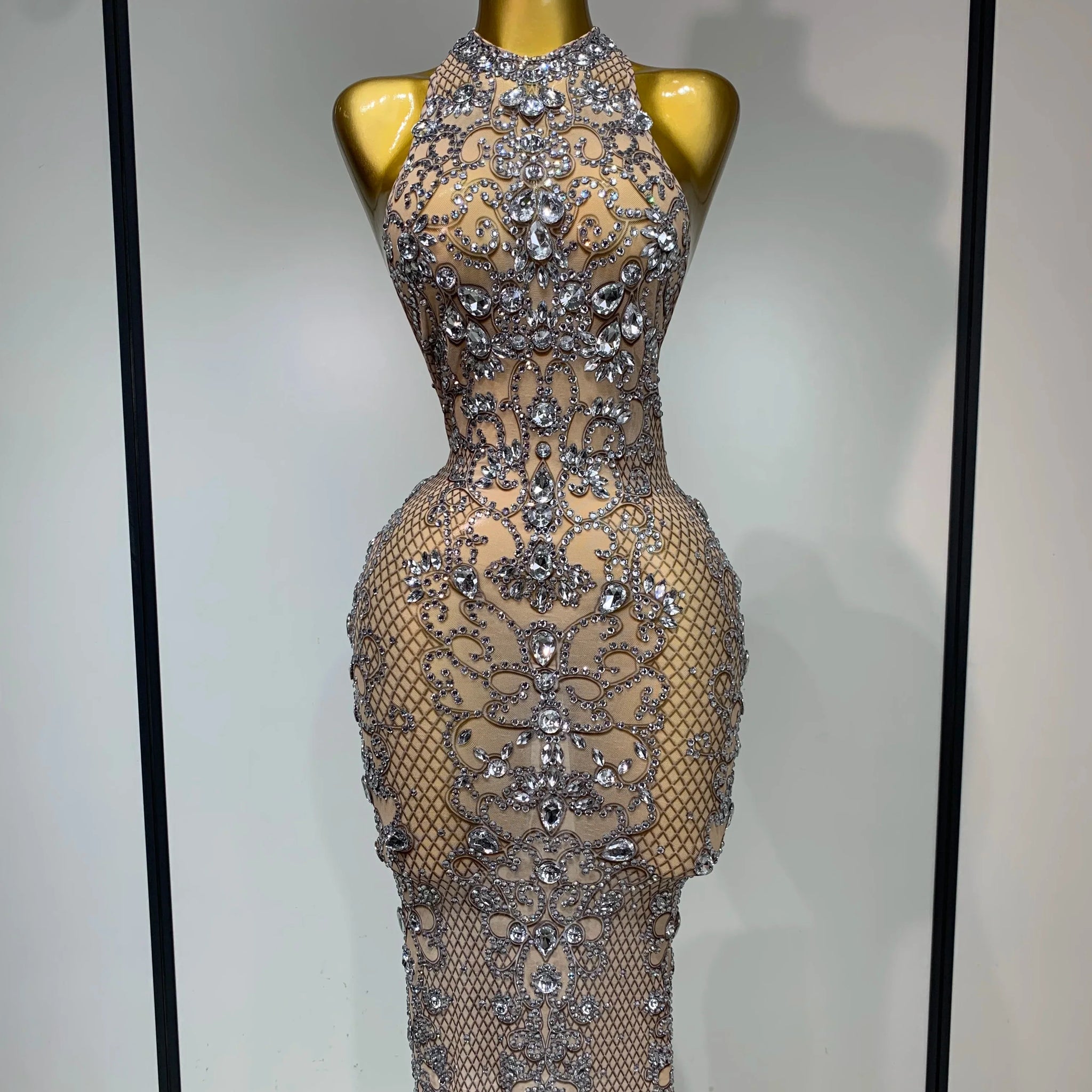 Women Sexy Backless Mesh Crystal Diamonds Performance Costume Stage Dancer See Through Stretchy Nightclub Evenig Party Dresses Khaki