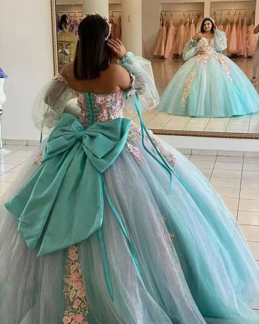 Glittering Quinceanera Dresses With Bow 3D Flower Lace Sleeves Vestidos De 15 Anos Formal Princess Birthday Party