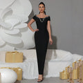Sexy Off Shoulder Diamond Tight Bandage Maxi Long Dress Women's Short Sleeve Elegant Celebrity Evening Party Gowns black