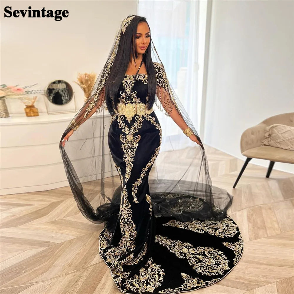 Noble Black Karakou Algerian Evening Dresses Mermaid Square Collar Lace Appliques Belt Luxury Formal Prom Gowns 2024