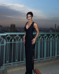 Black Color Women Sleeveless Sesxy V-Neck Lace Bodycon Long Bandage Dress Fashion Celebrate Evening Party Birthday Cocktail Wear