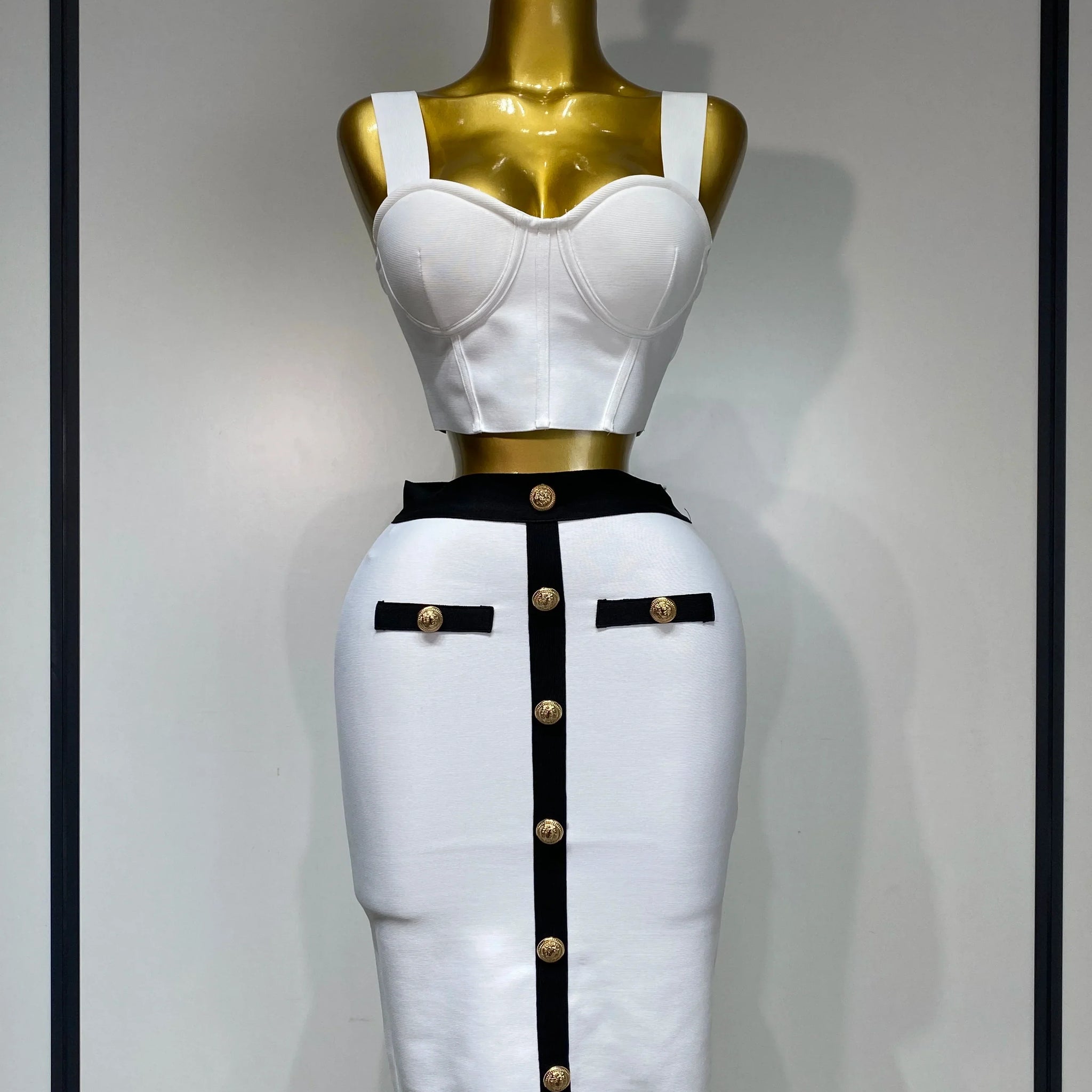 Women Button Patchwork White Black Bodycon Bandage Two Piece Set Designer High Waist Party Club Skirt Set WHITE