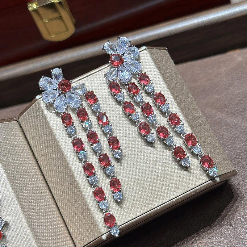 Vintage Red AAA Zircon Bridal Earrings Cubic Zirconia Wedding Earring For Women Brides Accessories Dinner Party Dress Jewelry B