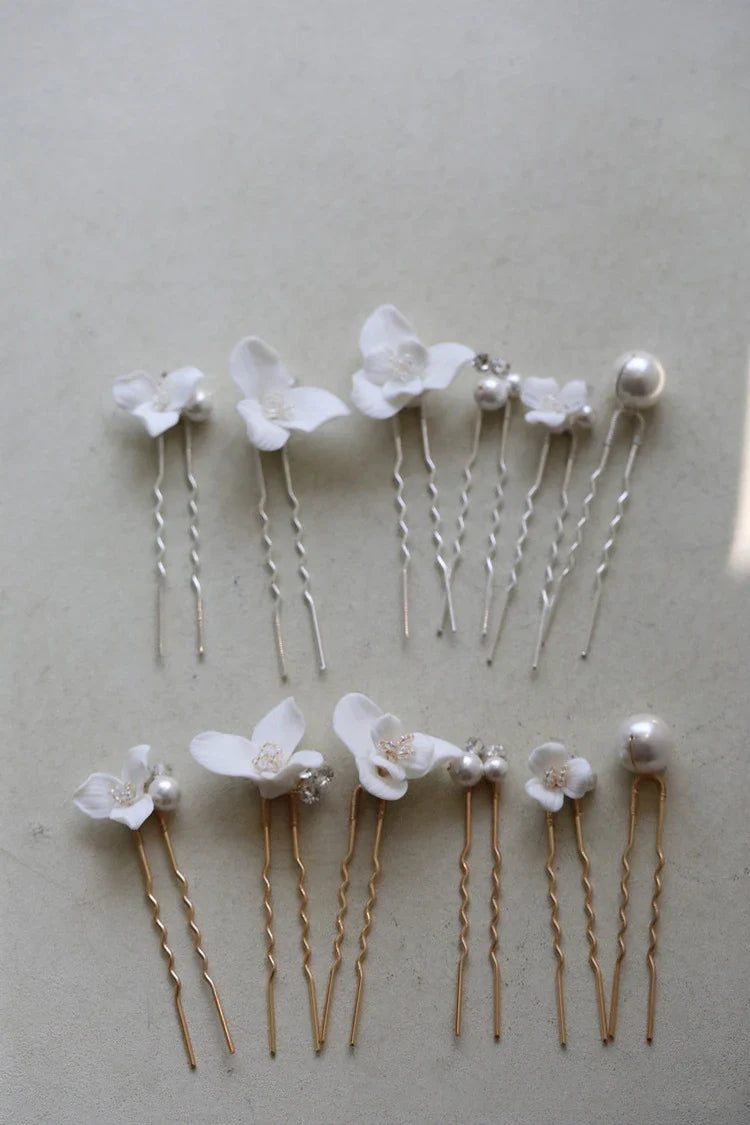 Porcelain Flower Hairpin Gold Silver Color Hair Pin Clip Women Bride Crystal Pearl Head Piece Bridal Jewelry Wedding Accessories