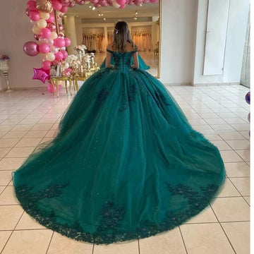 Green Luxury Quinceanera Dresses Off Shoulder 3D Flower Lace Formal Birthday Party Ball Gown Vestidos de 15 años