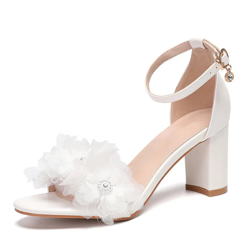Fashion Summer Lace Flowers Pearls Ankle Strap Women Sandals Big Size 35-43 Thick High heels Sweet Girls Party Prom Shoes White