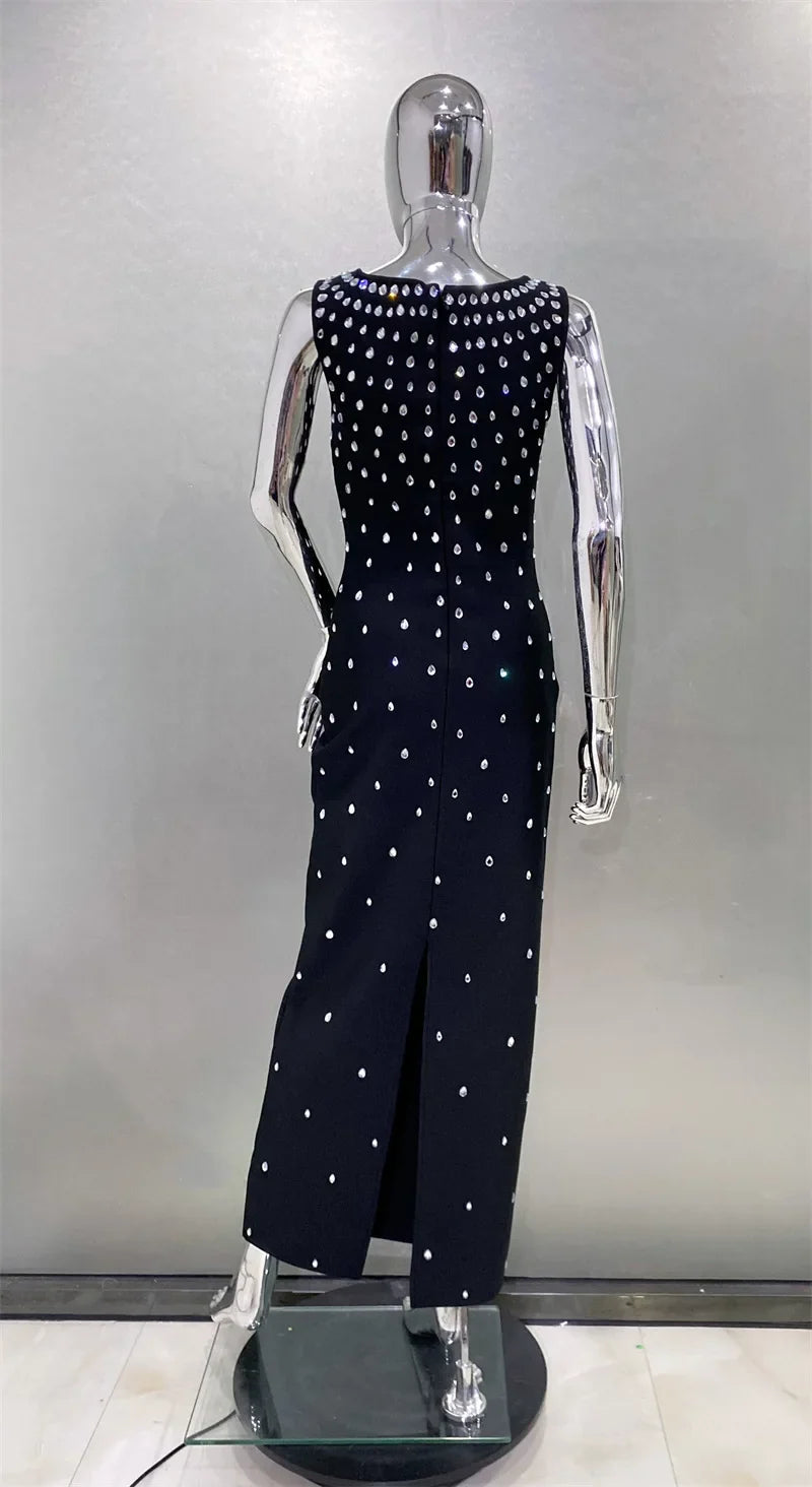 Women Sleeveless Sexy O-Neck Shinning Crystal Bodycon Bandage Long Dress Evening Party Celebrate Cocktail Outfit