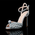 Luxury Handmade Pearl Peep Toe Women Sandals Fashion Summer Wedding Princess Thin High heels Elegant Party Prom Bridal Shoes Silver