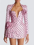 Sexy Women'S Three-Dimensional Flower Patchwork Polka Dot Dress V-Neck Long Sleeved Draped Bodycon Pink Mini Dress Vestidos
