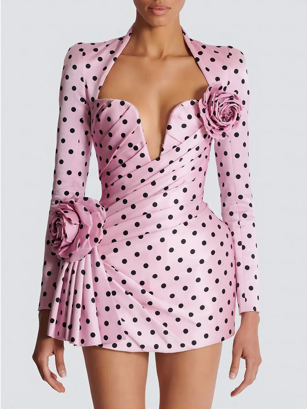 Sexy Women'S Three-Dimensional Flower Patchwork Polka Dot Dress V-Neck Long Sleeved Draped Bodycon Pink Mini Dress Vestidos