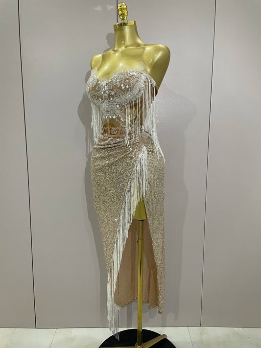 Sexy Luxury Sparkly Sequin Tassel Two Piece Set Women Evening Party Birthday Singer Performan Costume Nightclub Girl Outfit