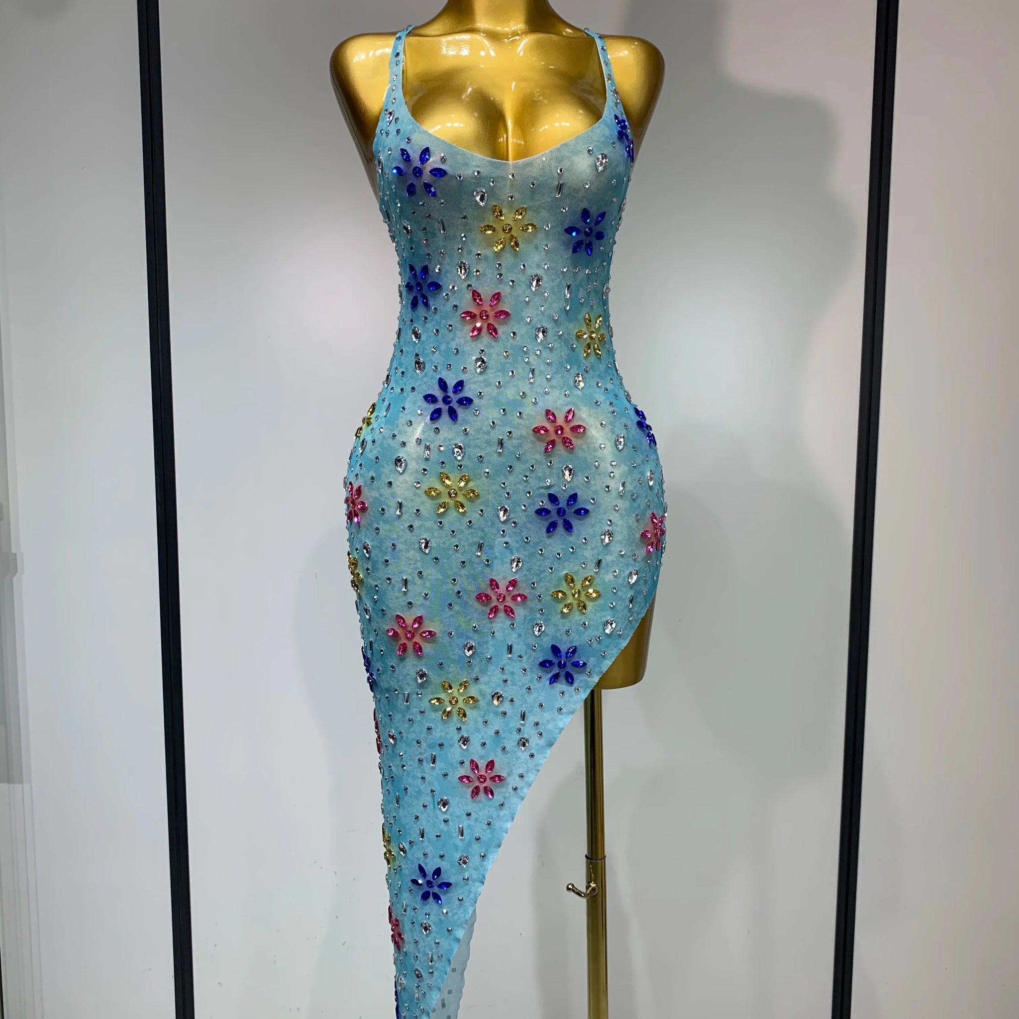 Newest Sexy Mesh High Split Sparkly Diamonds See Through Dress Luxury Birthday Dress Women Celebrate Party Stage Outfit SKY BLUE