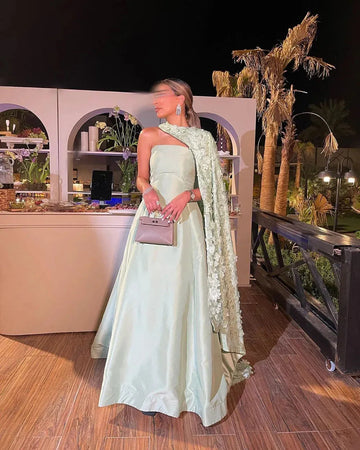 Blue Satin A-Line Arabic Prom Dress with Long Flower Cape for Wedding Guests Formal Evening Gown As Picture