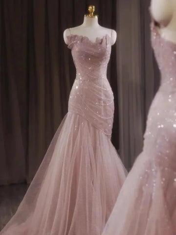 Rose Pink Mermaid Pleated Sequin Evening Dress with Asymmetrical Chain Slim Silhouette for Prom Party Pink