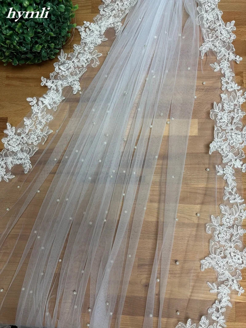 White , Light Ivory 1 Tier Pearl Veil Lace Fingertip Length Bridal Veil White