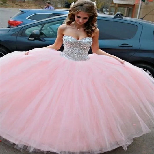 Luxury Pink Quinceanera Dress With Crystal Sweetheart Debutante Vestidos De 15 Quinceañera Tulle vestidos de 15 años Customized Pink