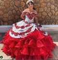 Elegant Red And White Quinceanera Dresses Charro Mexican Off Shoulder Beaded Crystal Ruffles Sweet 15 xv Dress Corset Customized
