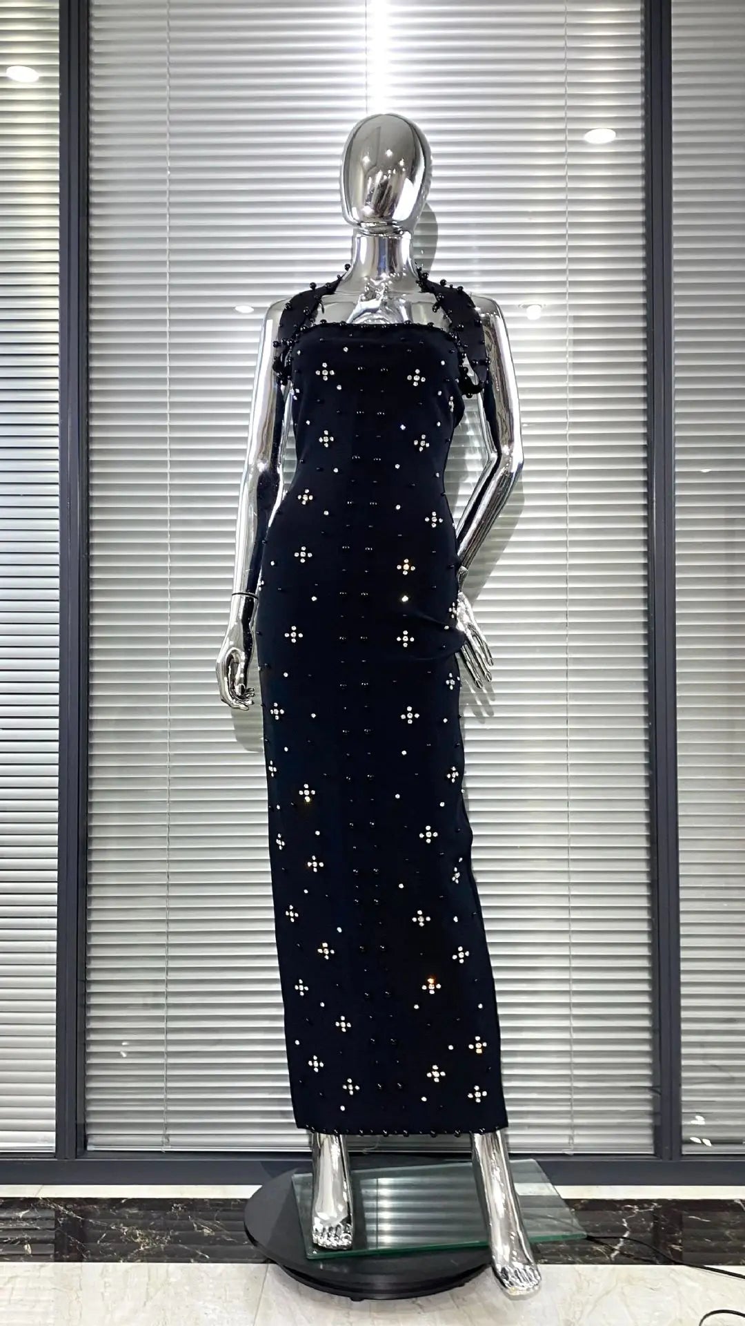 Black Rosered Women Sexy Halter Beading Bandage Bodycon Long Dress Elegant Evening Party Birthday Fashion Vacation Outfit black