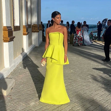 Simple Yellow Satin Mermaid Prom Dresses With Peats Saudi Arabic Party Dress Women Formal Evening Gowns