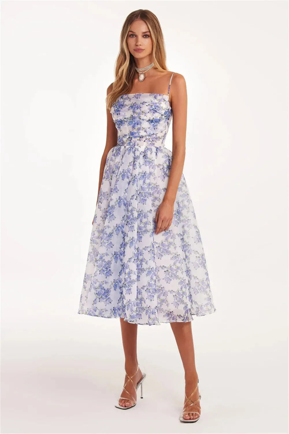 Vestido de fiesta bohemio azul hasta la rodilla con tirantes finos, co