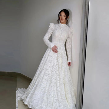 Modest High Neck Full Lace A Line Wedding Dresses Long Sleeves High Neck Buttons Country Church Vintage Bridal Gowns As Picture