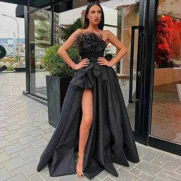 Sexy Side Split Satin Prom Dresses Strapless Long Formal Occasion Dress Party Gowns Black Women Evening Dresses