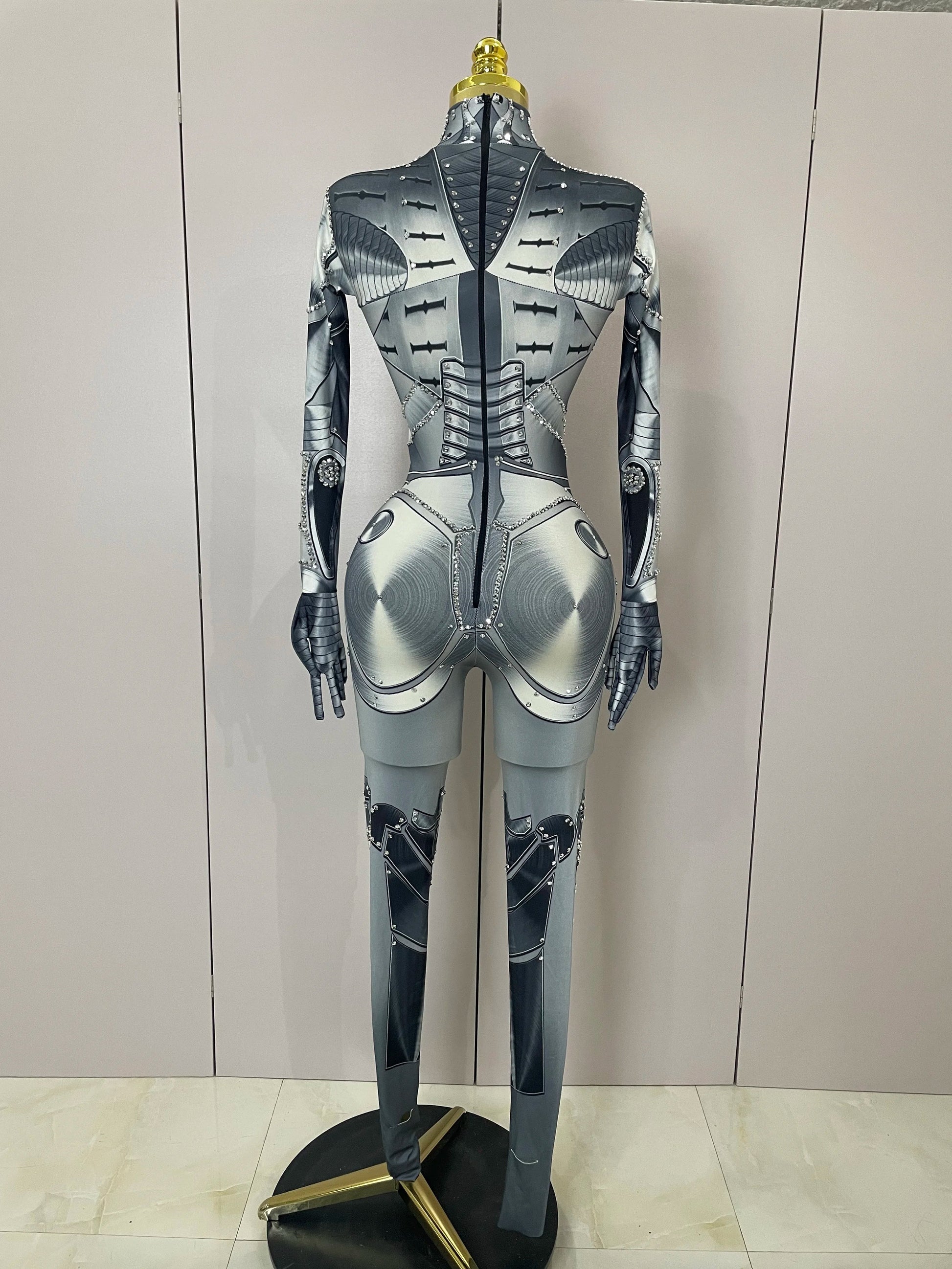 Trendy Women Sexy Rhinestones Printed Skinny Jumpsuit High Street Performance Dance Costume Bar Club Show Stage Wear