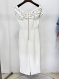 Black White Color Women Sexy Slash Neck Off the Shoulder Bodycon Mid-calf Dress Shinning Crystal Celebrate Evening Party Outfit