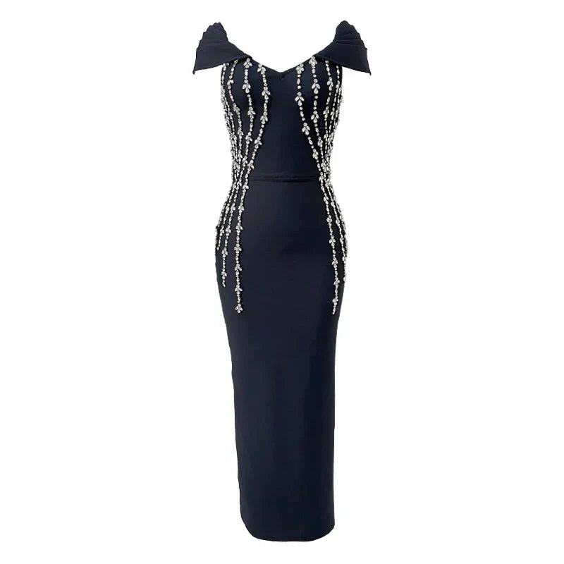 Shinning Crystal Women Sexy Short Sleeve V-Neck Bodycon Bandage Long Dress Elegant Evening Party Celebrate Outfit