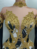 Sparkly Gold Rhinestones Jumpsuit With Gloves Women Sexy Printed Party Nightclub Bar Singer Stage Performance Costume