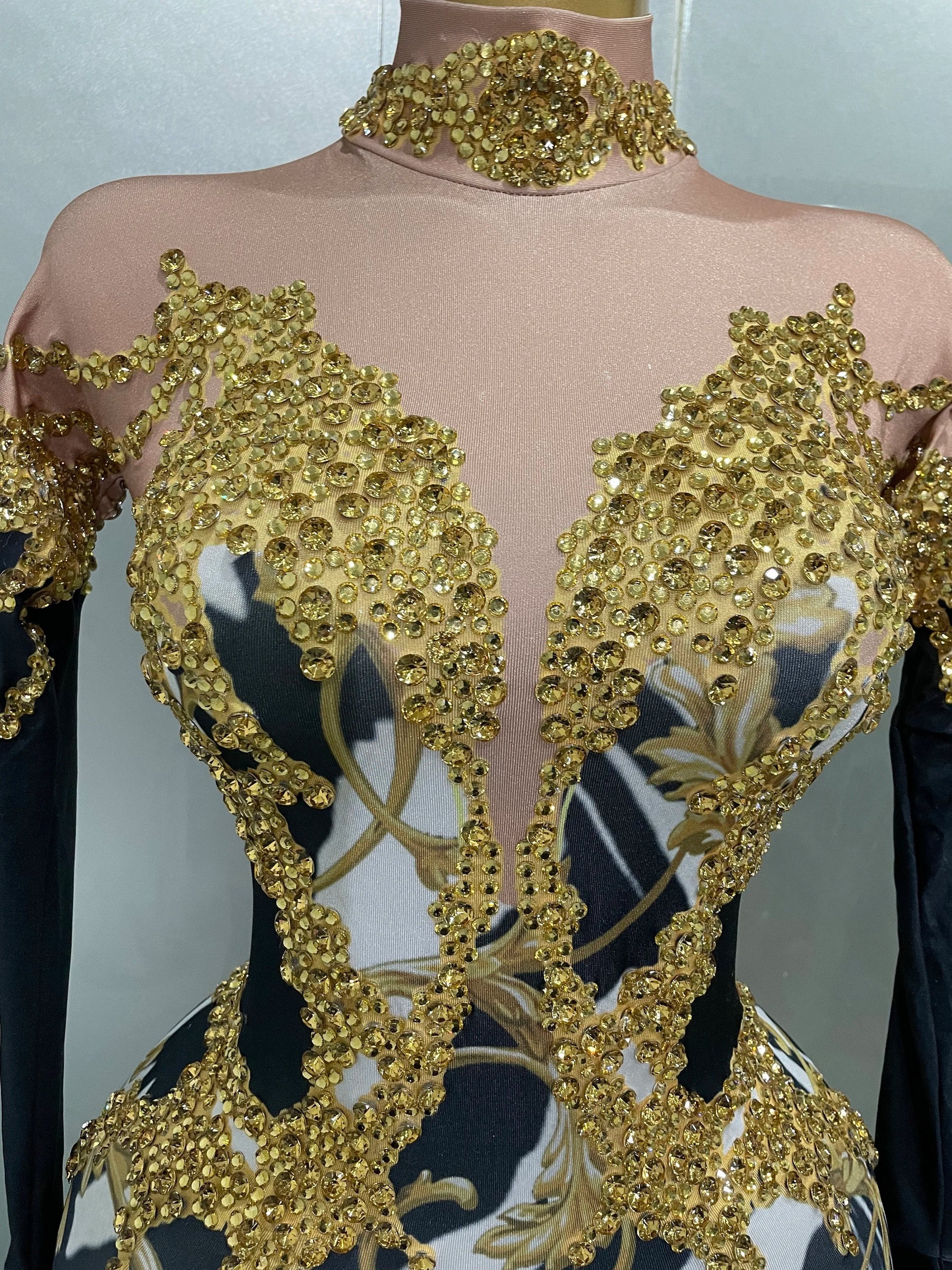 Sparkly Gold Rhinestones Jumpsuit With Gloves Women Sexy Printed Party Nightclub Bar Singer Stage Performance Costume